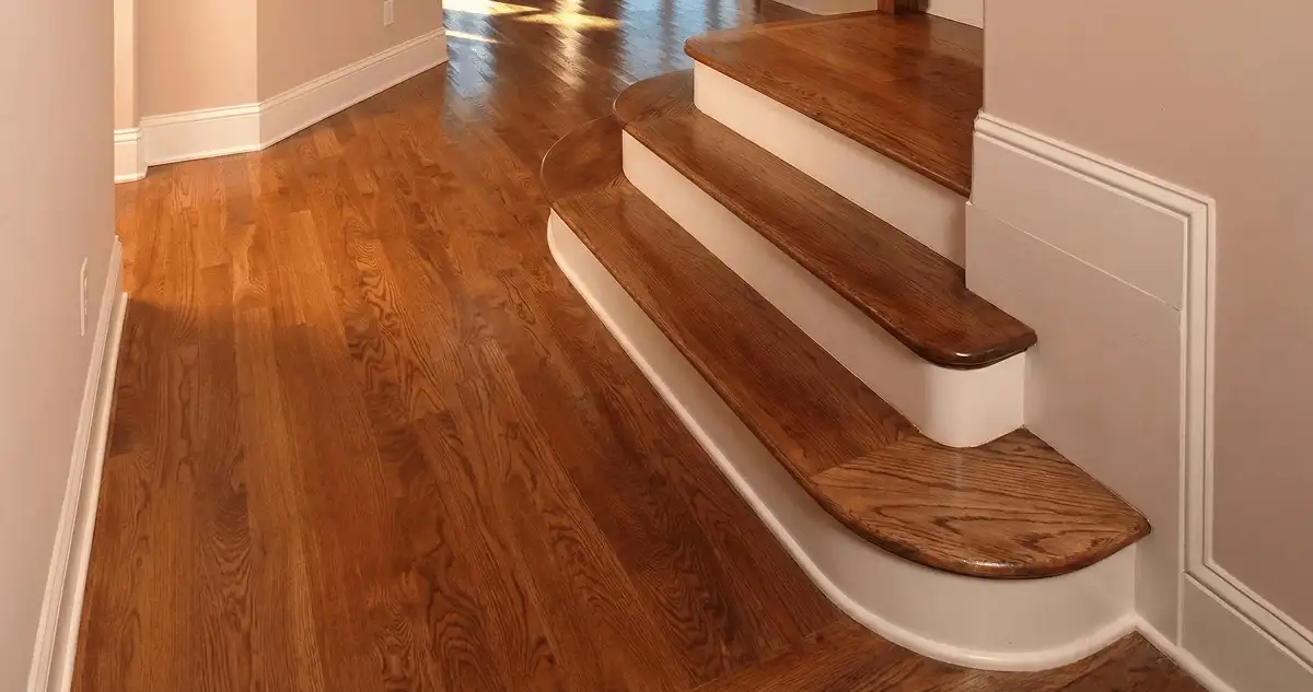 Base floor of a staircase with professionally restored wood flooring in Lakeland FL