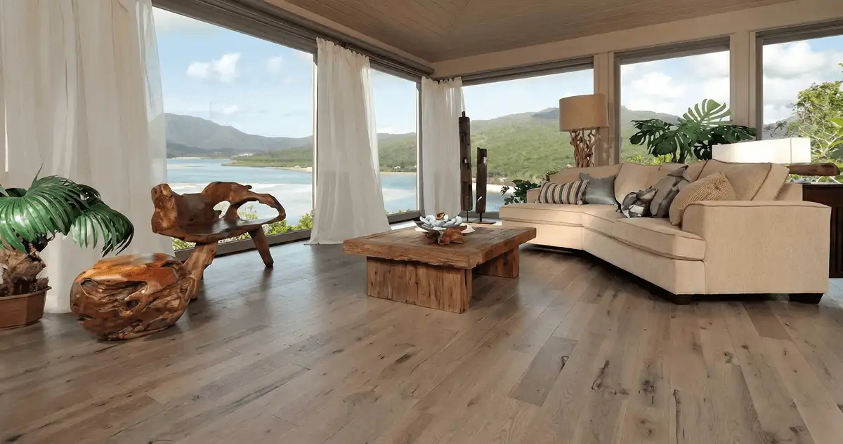 Professionally installed vinyl flooring in a modern living room with large windows in Lakeland, FL